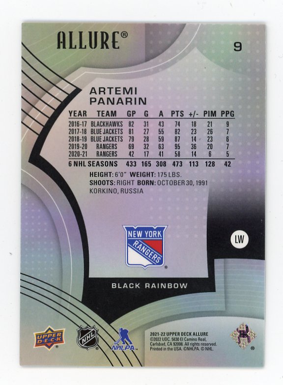 2021-2022 Artemi Panarin Black Rainbow Allure New York Rangers # 9