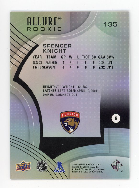 2021-2022 Spencer Knight Rookie Allure Florida Panthers # 135