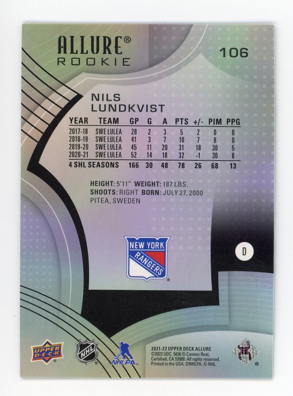 2021-2022 Nils Lundkvist Rookie Allure New York Rangers # 106