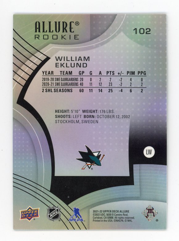2021-2022 William Eklund Rookie Allure San Jose Sharks # 102