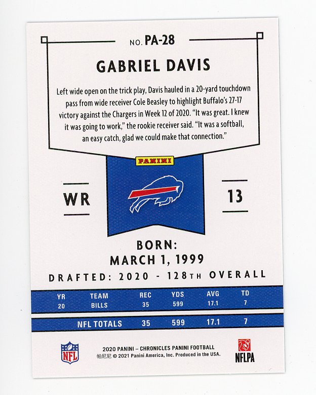 2020 Gabriel Davis Rookie Chronicles Panini Buffalo Bills # PA-28