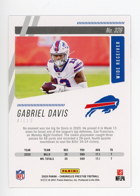 2020 Gabriel Davis Rookie Prestige Kings Chronicles Panini Buffalo Bills # 326