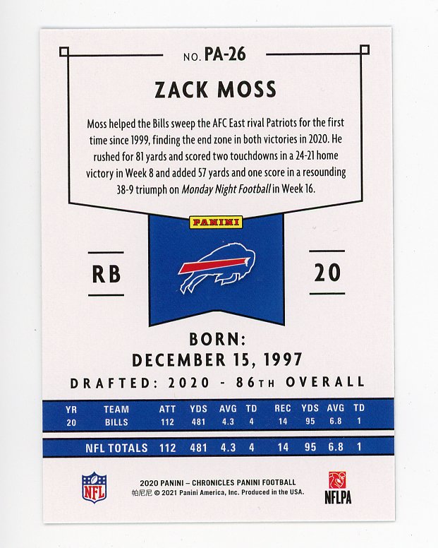 2020 Zack Moss Rookie Chronicles Panini Buffalo Bills # PA-26