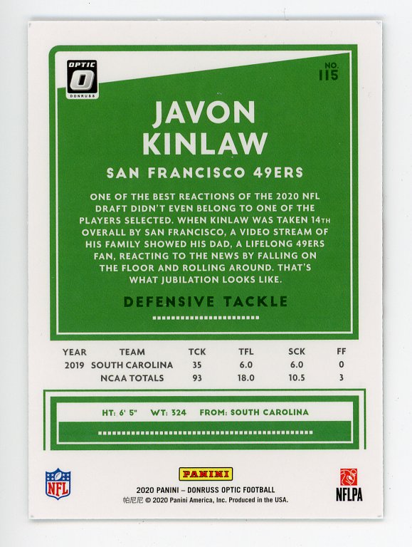 2020 Javon Kinlaw Rookie Optic Panini San Francisco 49ers # 115