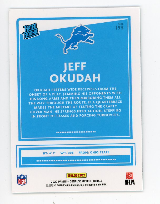 2020 Jeff Okudah Rated Rookie Panini Detroit Lions # 193