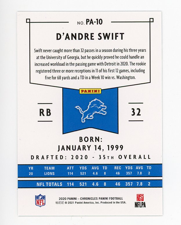 2020 D'andre Swift Rookie Pink Chronicles Panini Detroit Lions # PA-10