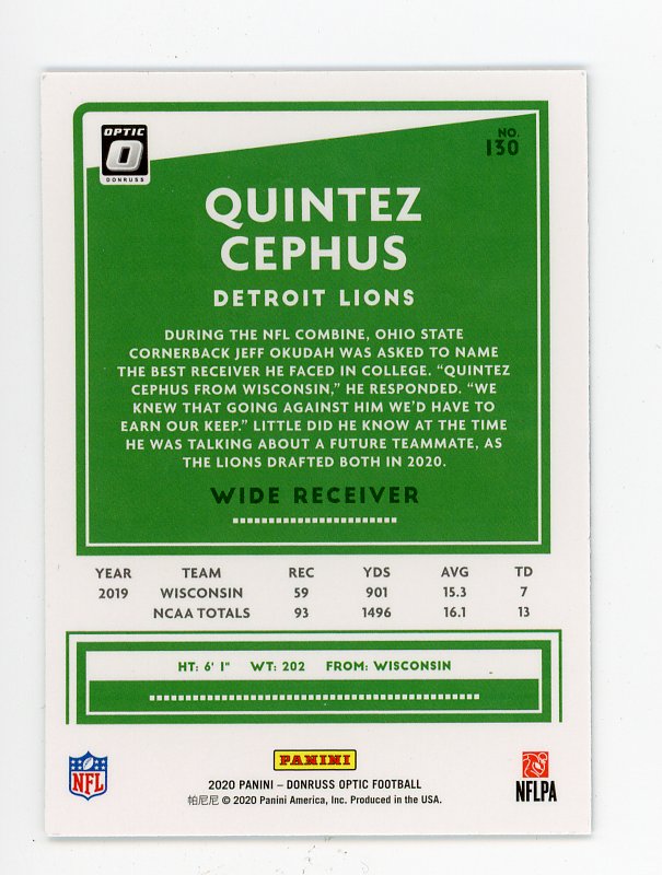 2020 Quintez Cephus Rookie Optic Panini Detroit Lions # 130