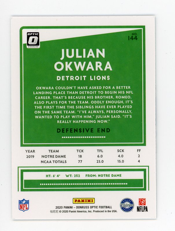 2020 Julian Okwara Rookie Optic Panini Detroit Lions # 144