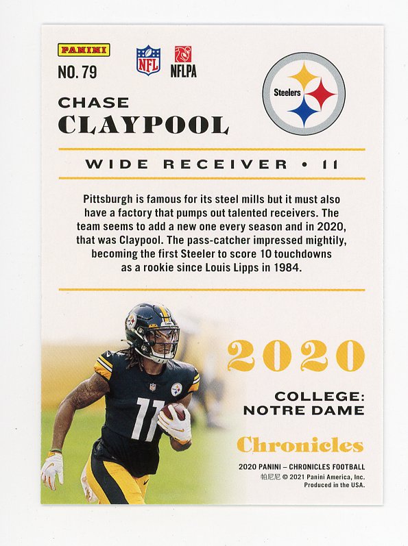2020 Chase Claypool Rookie Pink Chronicles Panini Pittsburgh Steelers # 79