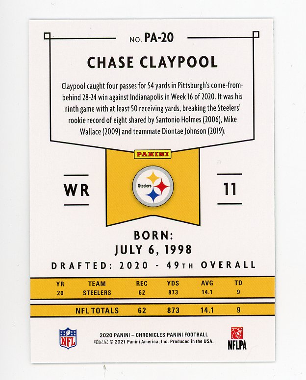 2020 Chase Claypool Rookie Chronicles Panini Pittsburgh Steelers # PA-20