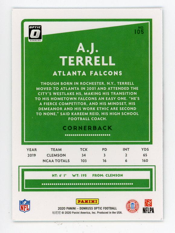 2020 A.J. Terrell Rookie Optic Panini Atlanta Falcons # 105