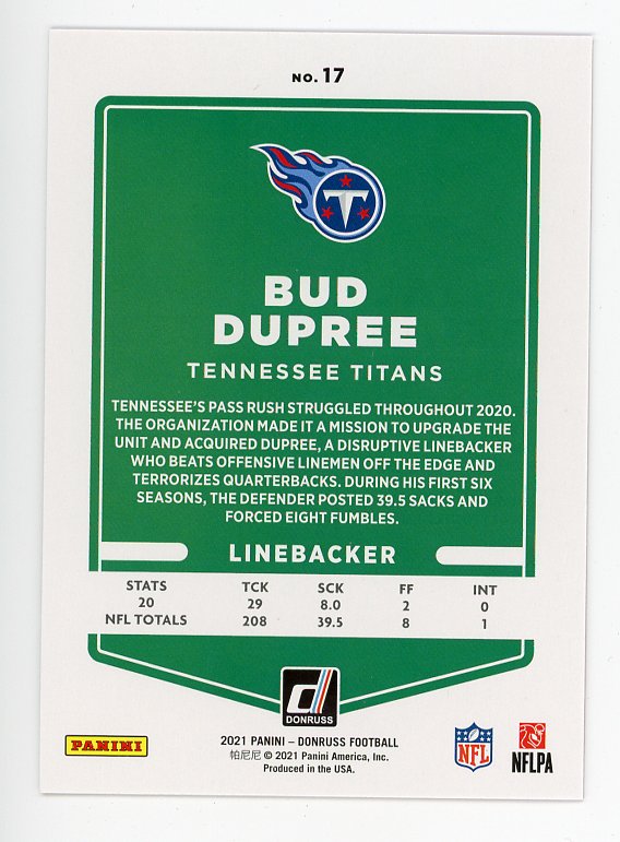 2021 Bud Dupree Red Press Proof Donruss Panini Tennessee Titans # 17