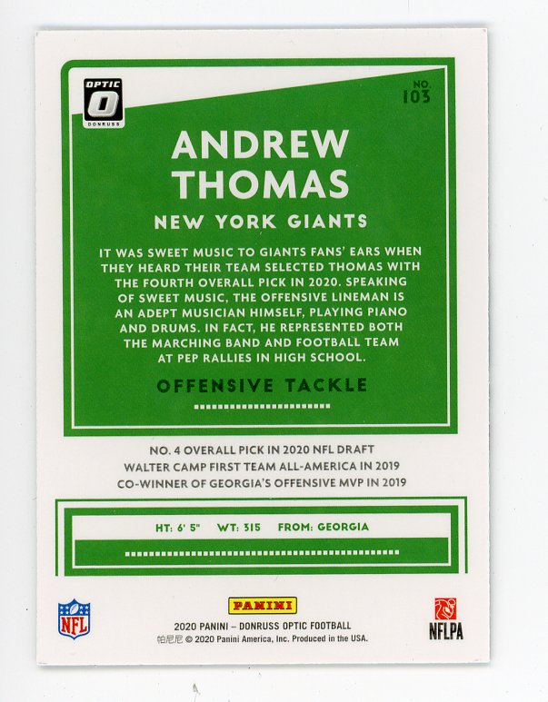 2020 Andrew Thomas Rookie Optic Panini New York Giants # 103