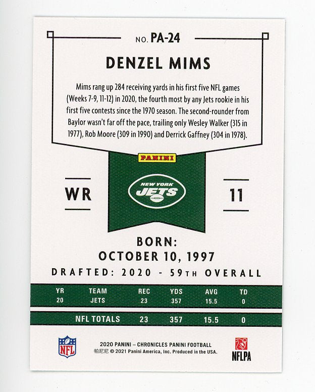 2020 Denzel Mims Rookie Chronicles Panini New York Jets # PA-24