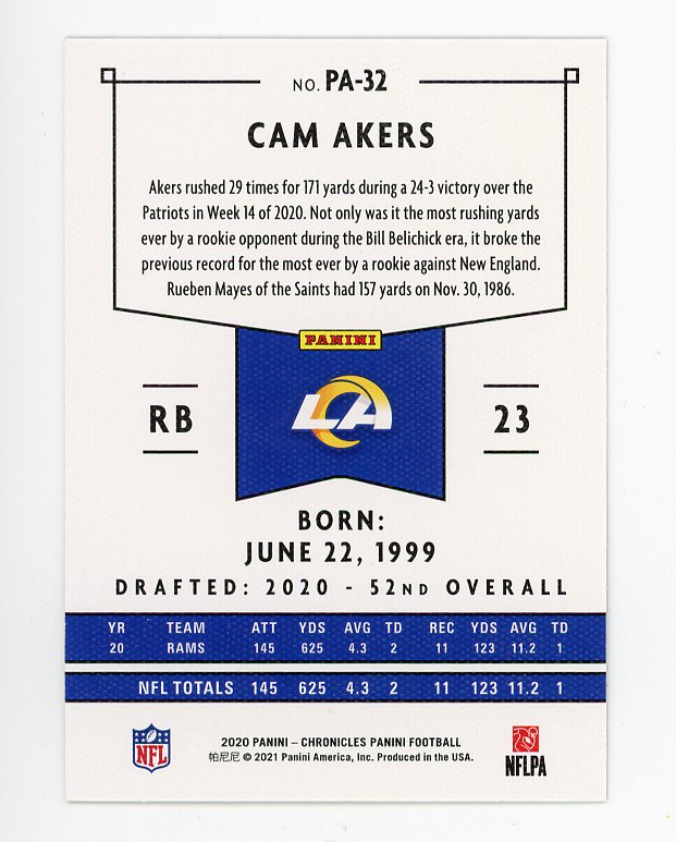 2020 Cam Akers Rookie Chronicles Panini Los Angeles Rams # PA-32