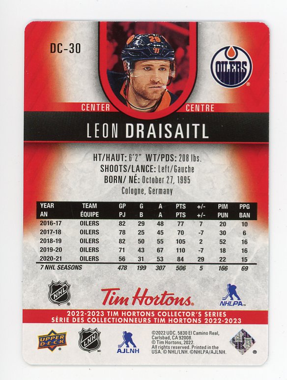 2022-2023 Leon Draisaitl Red Die Cut Tim Hortons Edmonton Oilers # DC-30