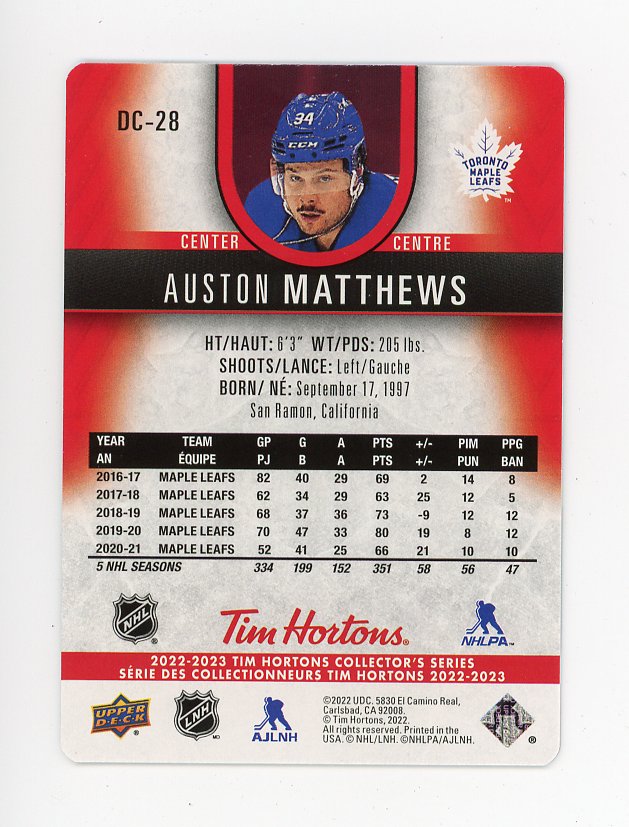 2022-2023 Auston Matthews Red Die Cut Tim Hortons Toronto Maple Leafs # DC-28