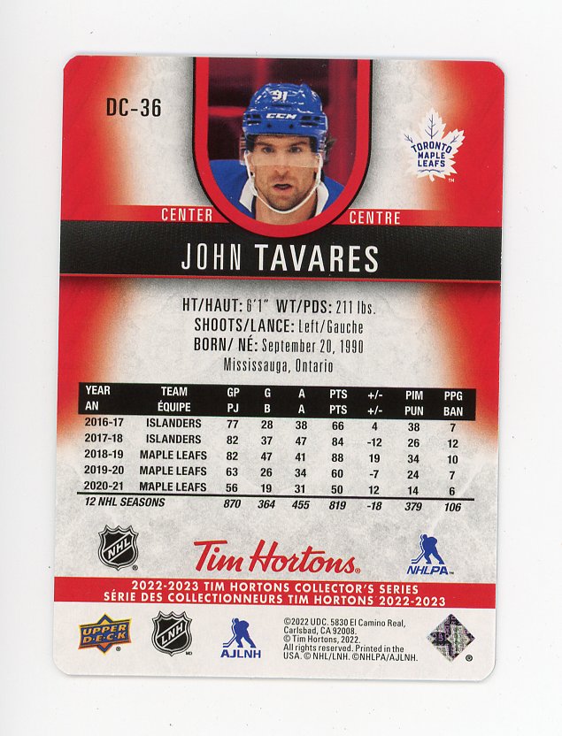 2022-2023 John Tavares Red Die Cut Tim Hortons Toronto Maple Leafs # DC-36