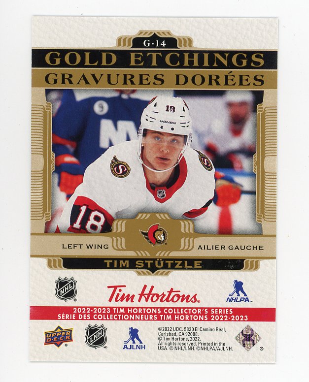 2022-2023 Tim Stutzle Gold Etchings Tim Hortons Ottawa Senators # G-14