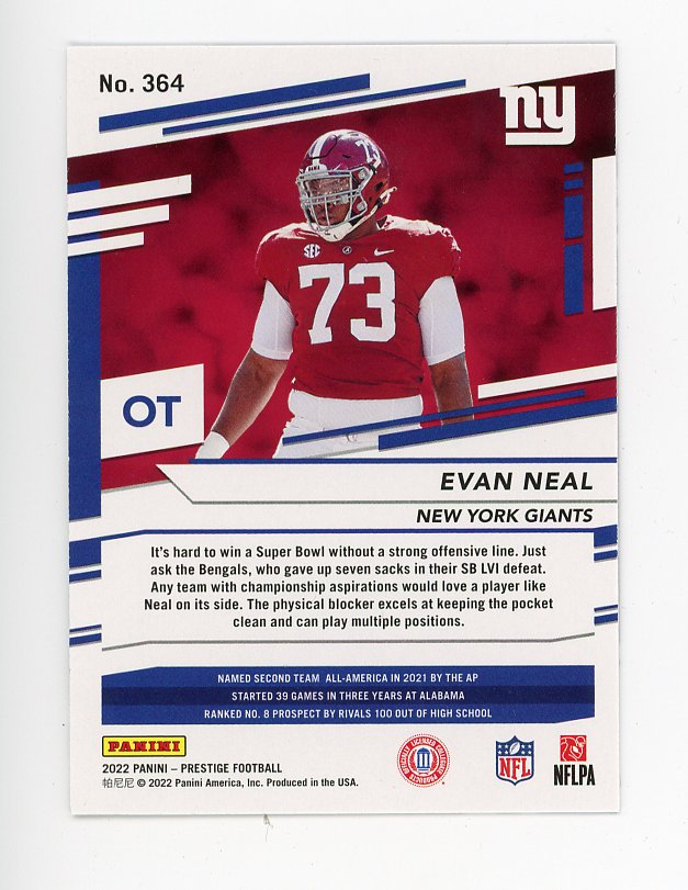 2022 Evan Neal Rookie Prestige Panini New York Giants # 364