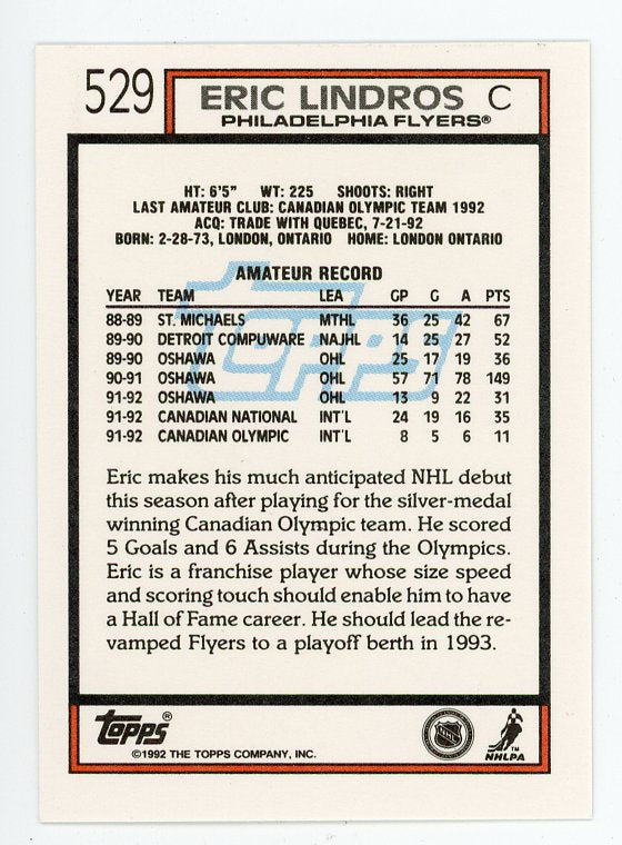 1992 Eric Lindros Topps Philadelphia Flyers # 529