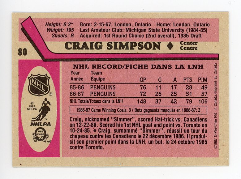 1987 Craig Simpson O-Pee-Chee Pittsburgh Penguins # 80