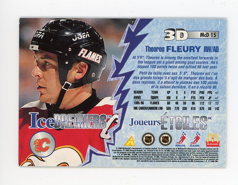 1997 Theoren Fleury Ice Breakers 3D Pinnacle Calgary Flames # MCD 15