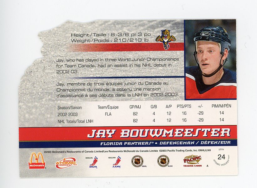 2004 Jay Bouwmeester Die Cut Atomic Florida Panthers # 24