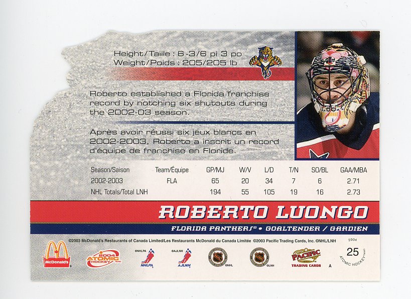 2004 Roberto Luongo Die Cut Atomic Florida Panthers # 25