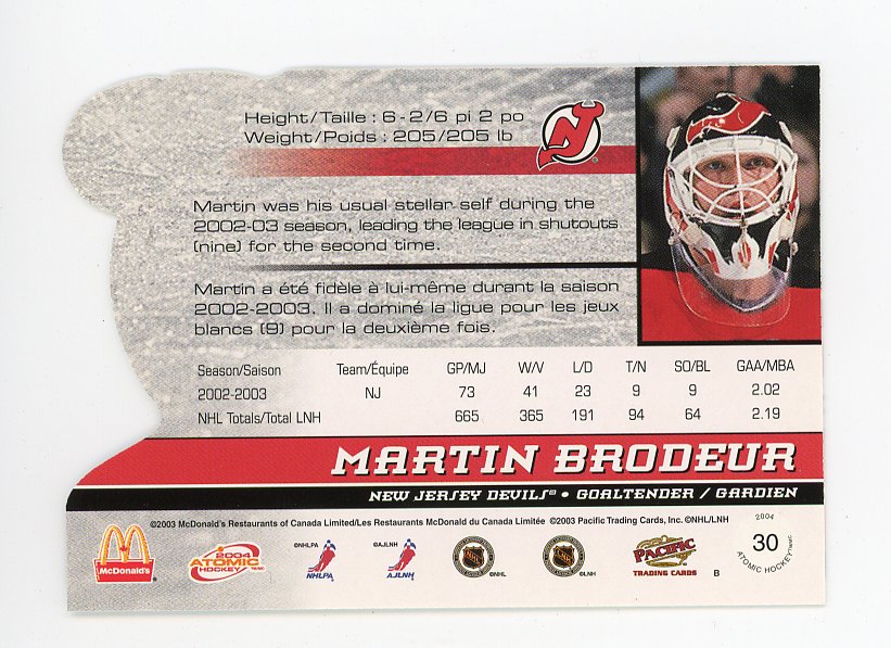 2004 Martin Brodeur Die Cut Atomic New Jersey Devils # 30