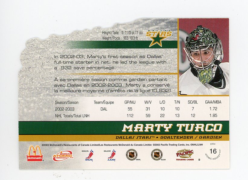 2004 Marty Turco Die Cut Atomic Dallas Stars # 16