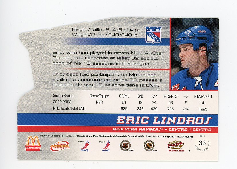 2004 Eric Lindros Die Cut Atomic New York Rangers # 33