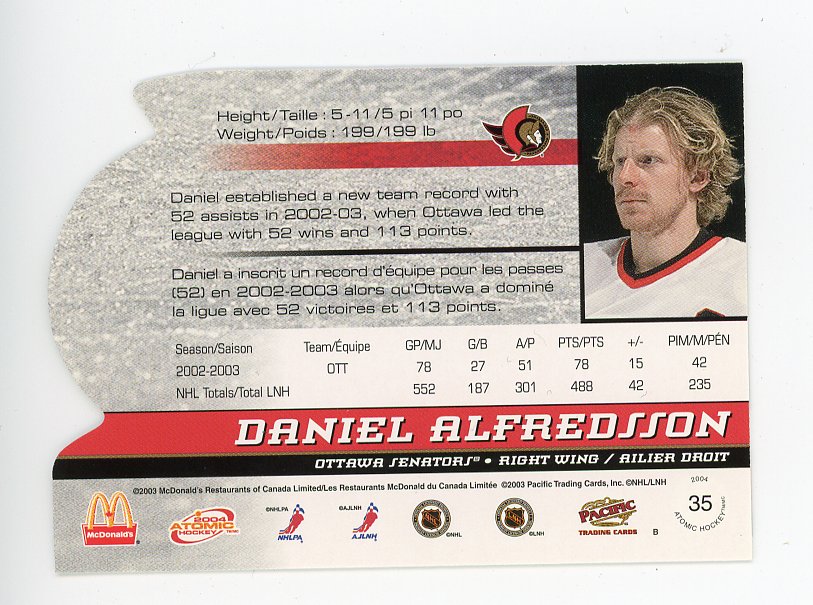 2004 Daniel Alfredsson Die Cut Atomic Ottawa Senators # 35