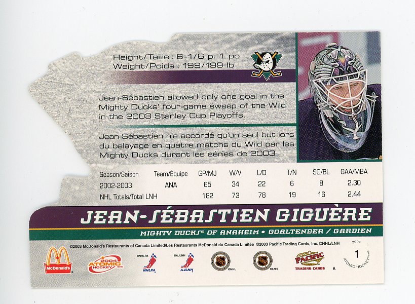 2004 Jean-Sebastien Giguere Die Cut Atomic Anaheim Ducks # 1