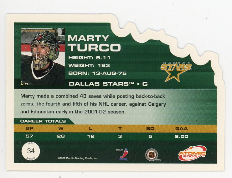 2003 Marty Turco Die Cut Atomic Dallas Stars # 34