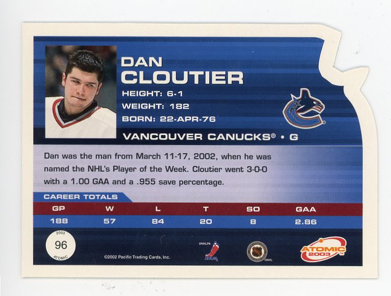 2003 Dan Cloutier Die Cut Atomic Vancouver Canucks # 96