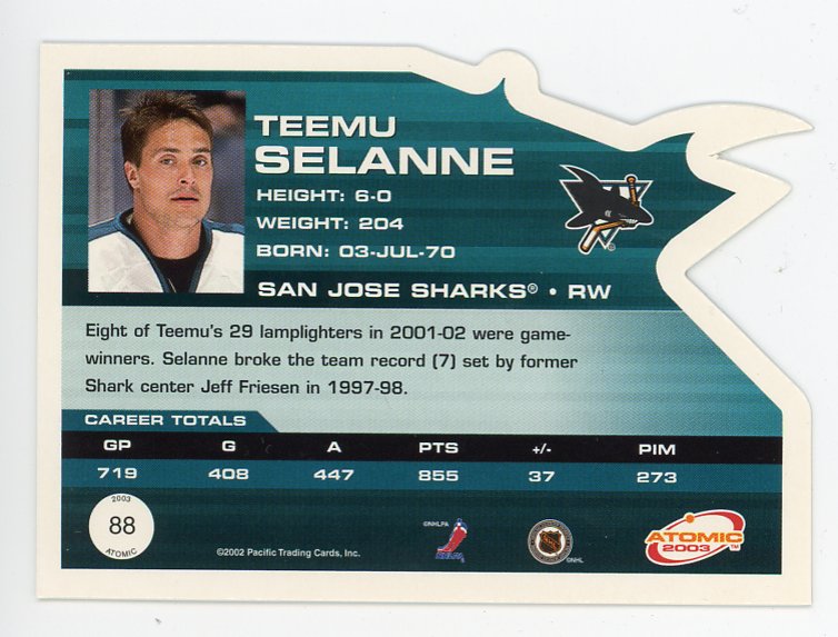 2003 Teemu Selanne Die Cut Atomic San Jose Sharks # 88
