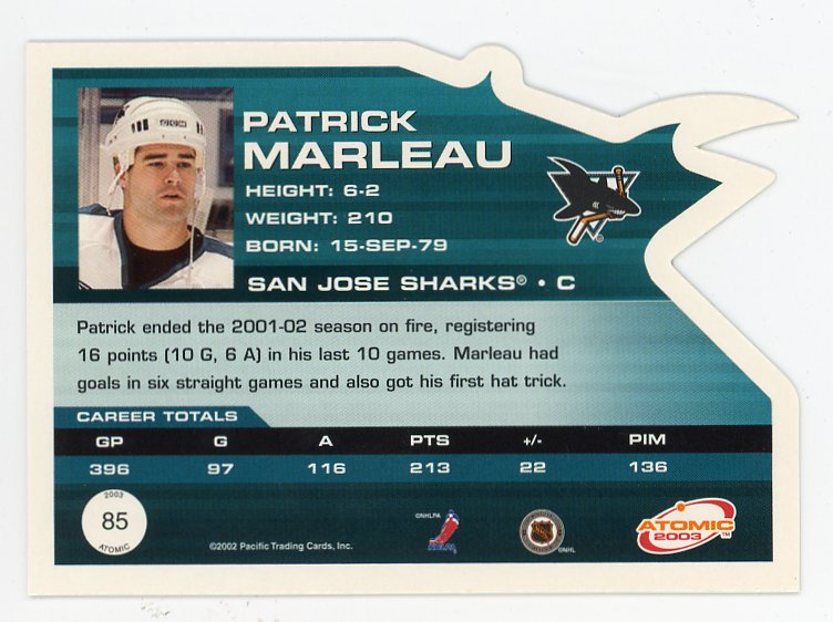 2003 Patrick Marleau Die Cut Atomic San Jose Sharks # 85