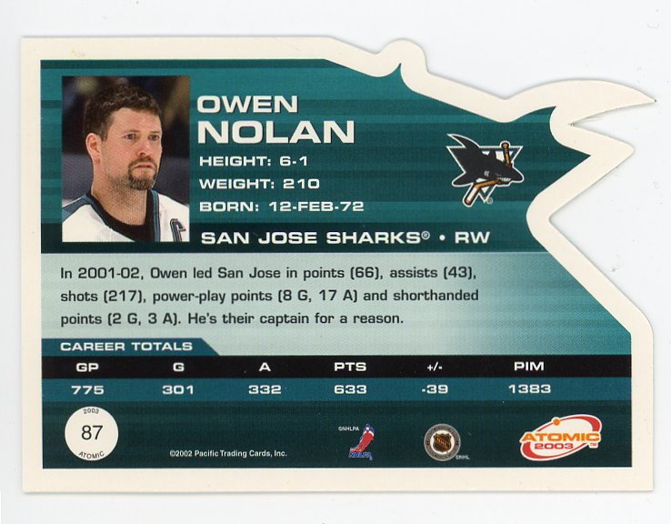 2003 Owen Nolan Die Cut Atomic San Jose Sharks # 87
