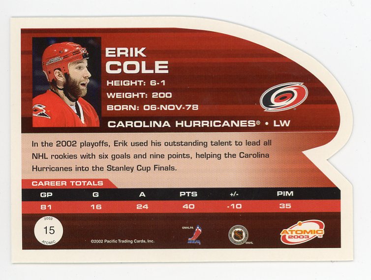 2003 Erik Cole Die Cut Atomic Carolina Hurricanes # 15