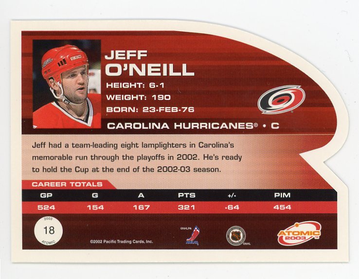2003 Jeff O'neill Die Cut Atomic Carolina Hurricanes # 18