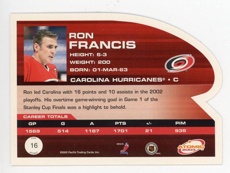 2003 Ron Francis Die Cut Atomic Carolina Hurricanes # 16