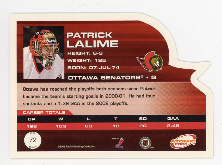 2003 Patrick Lalime Die Cut Atomic Ottawa Senators # 72