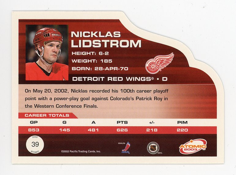 2003 Nicklas Lidstrom Die Cut Atomic Detroit Red Wings # 39