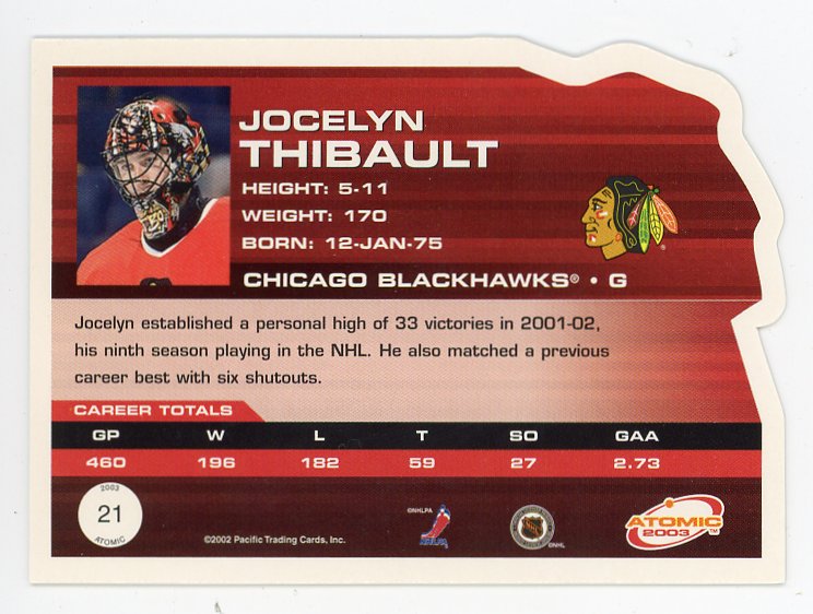 2003 Jocelyn Thibault Die Cut Atomic Chicago Blackhawks # 21