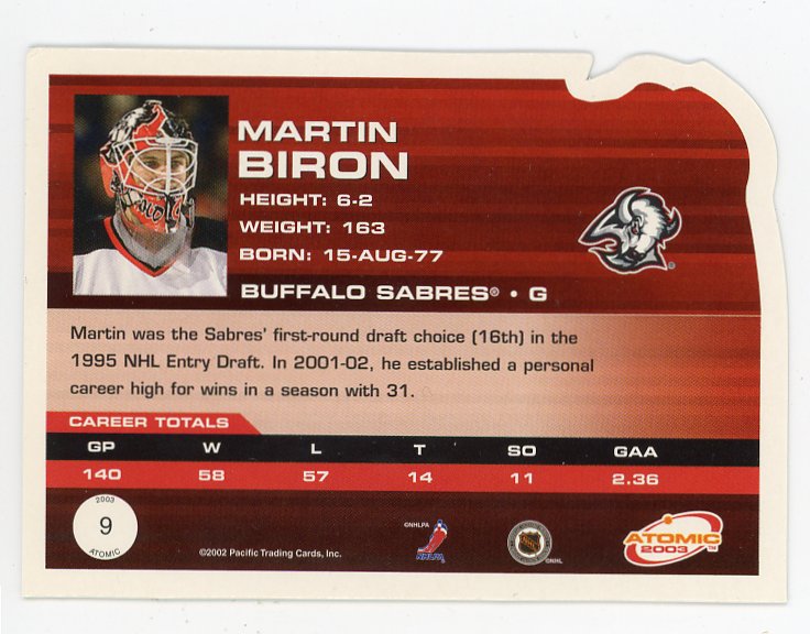 2003 Martin Biron Die Cut Atomic Buffalo Sabres # 9