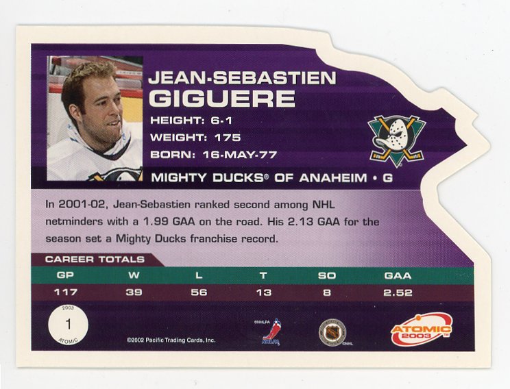 2003 Jean-Sebastien Giguere Die Cut Atomic Anaheim Ducks # 1