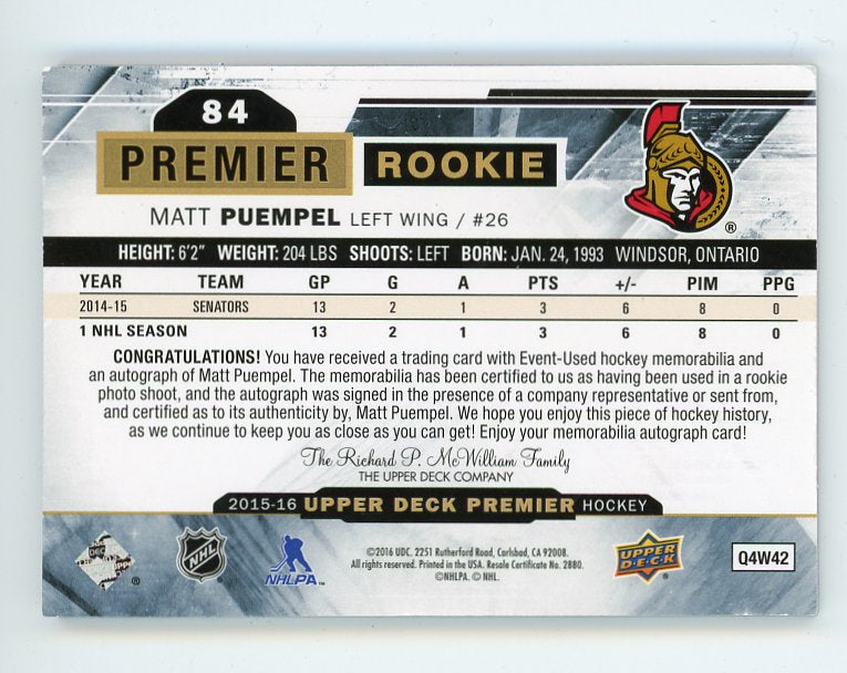 2015-2016 Matt Puempel Premier Rookie Auto #D /375 Upper Deck Ottawa Senators # 84