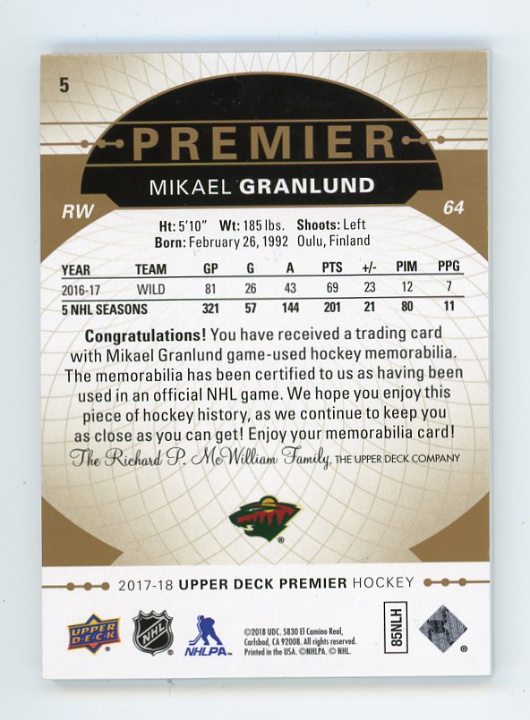 2017-2018 Mikael Granlund Premier Material #D /25 Upper Deck Minnesota Wild # 5
