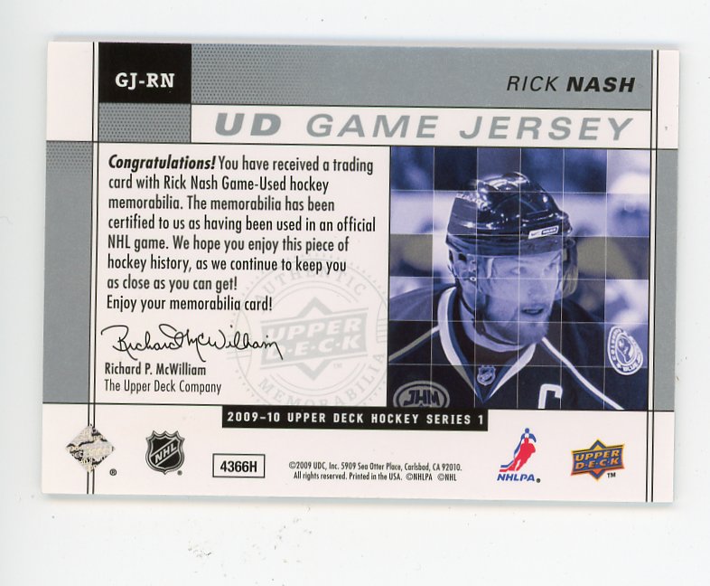2009-2010 Rick Nash UD Game Jersey Upper Deck Columbus Blue Jackets # GJ-RN